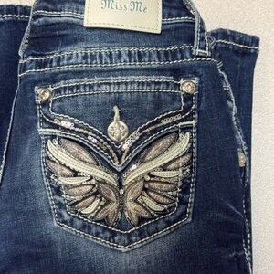 Miss Me Women's Mid Rise Angel Wing Bootcut stretch denim jeans Sz 28/31